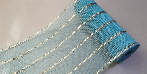 A partially unrolled roll of 10.25X10Yd Poly/Jute/Metallic Mesh in ice blue features diagonal matte gold and silver glitter stripes, highlighting its elegant shimmer.