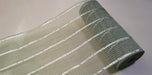 The 10.25X10Yd Poly/Jute/Metallic Mesh Sage/Matte Silver RY8329W6 is a sheer, lightweight fabric roll with semi-transparent horizontal sage and matte silver stripes on a light background, offering a subtle shimmer from its metallic accents.