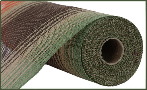 A close-up of the 10.25 x 10Yd Faux Jute Ombre Mesh Brown/Natural/Orange/Moss (RY8336EA), partially unrolled to highlight its woven texture and cylindrical form.