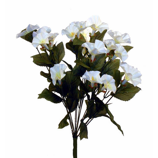 A small bouquet of cream and white flowers, featuring delicate petals and vibrant green leaves, reminiscent of a Petunia Bush, gracefully set against a plain white background. Product: Petunia Bush Cream And White With 14 Stems S4935-WHT.