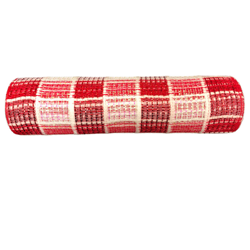 Introducing the "Rd-Wht-Irid Fuzz Snow Chex" fabric roll, featuring a 10"X10Y mesh in a vibrant red, white, and pink plaid pattern. Crafted from durable polyester to ensure lasting quality.