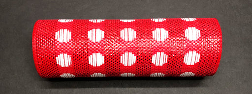 A Polka Dot Red-White Woven Mesh, 10X10Y (XB108410-13) foam roller, with white dots, lies horizontally on a dark surface.
