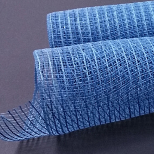 Two rolls of 10 Denim Burlap Mesh XB94510-27 on a dark surface, highlighting their textured grid pattern and flexibility.