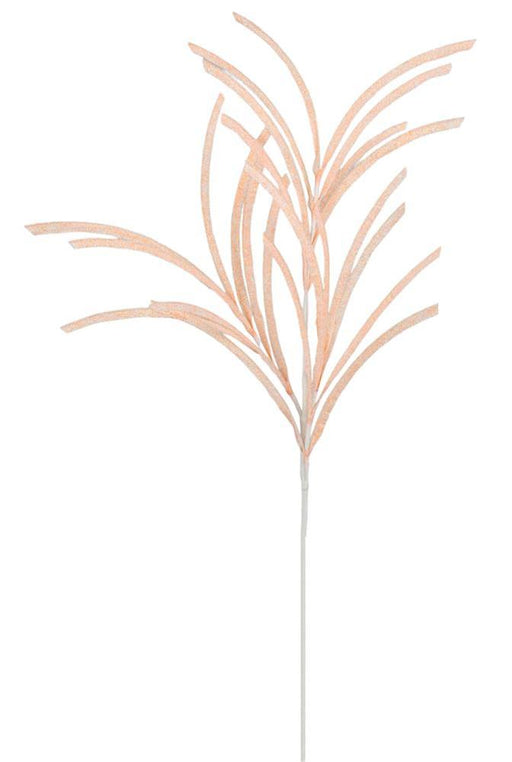 The 31L Glittered/Paper Grass Spray Light Peach (XS110121) features slender, shimmering leaves in a fan-like arrangement, extending from a thin white stem, reminiscent of glittered paper grass.