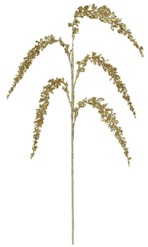 The 27L Glitter Fern Spray Gold XS219408 features multiple elongated branches with small clusters of leaves or buds, creating an ornamental foliage look. Its glittery gold shimmer is ideal for holiday decor.