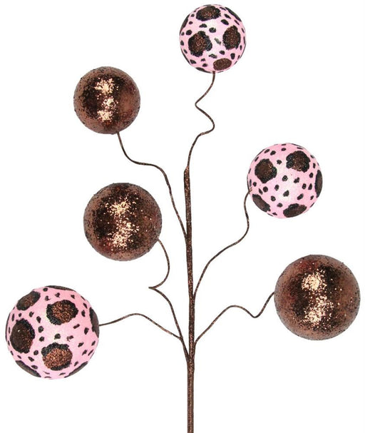 20L Leopard Print Glitter Ball Pick (XS9982T3) features a thin, wavy brown branch adorned with six spherical ornaments: three dazzling brown glitter balls and three chic leopard print in light pink and black.