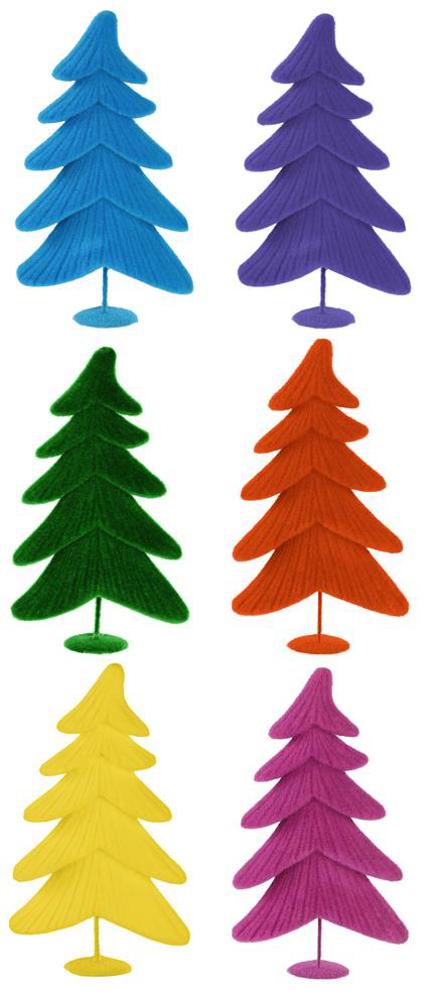 A collection of six 17"H x 10"L flocked whimsical trees in a variety of bright colors—blue, purple, green, orange, yellow, and pink—are arranged in two vertical columns. Each tree has a basic triangular shape and is supported by a small oval base. For any product code inquiries, please reference XT858899.