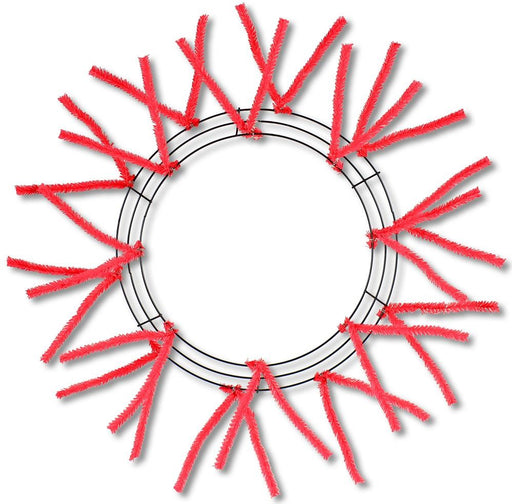 The Pencil Wreath Red Non-Metallic 24 XX750424 includes fluffy red chenille stems attached around the outer edge, fanning outward like rays. The circular frames empty center allows for endless creative wreath designs.