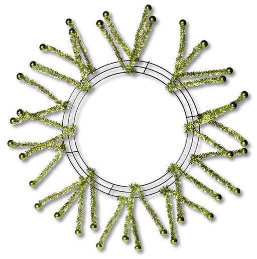 The 24 Metallic Lime Green Pencil Wreath with Lime Balls (XX751537) features radiant lime tinsel stems topped with shiny green balls, creating a striking sunray effect—ideal for eye-catching wreath displays.
