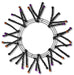 The Black Metallic Pencil Work Wreath with Purple and Copper Balls XX751571 features a circular frame with spiky black tinsel branches tipped with purple and copper balls, creating a starburst effect against a white background.