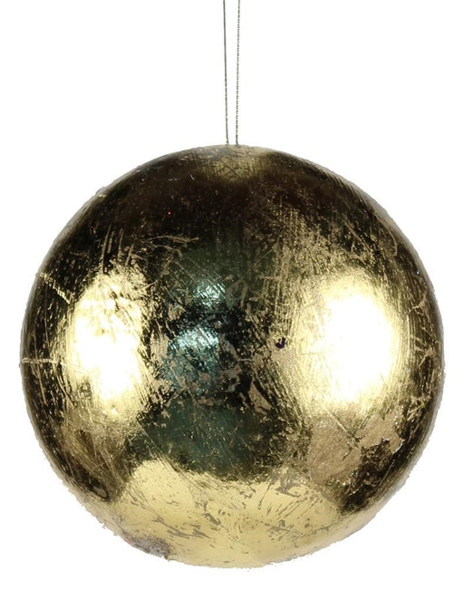 The 100Mm Metallic Ball Ornament, 18K Gold XY653608, with a textured, reflective surface is displayed against a white background.
