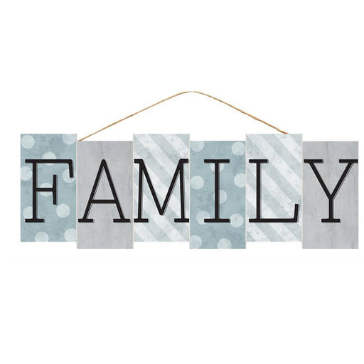 The 14 Family Block Style Sign AP7033 features six blue or light grey MDF panels that spell out FAMILY in bold black letters and hangs by a thin string.