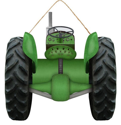 The 11.75H x 12W AP706409 vintage-style green/black tractor ornament features large textured wheels, a steering wheel, and a chimney, with an attached loop for hanging. It is both eye-catching decor and a symbolic tractor sign for enthusiasts.