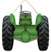 The 11.75H x 12W AP706409 vintage-style green/black tractor ornament features large textured wheels, a steering wheel, and a chimney, with an attached loop for hanging. It is both eye-catching decor and a symbolic tractor sign for enthusiasts.