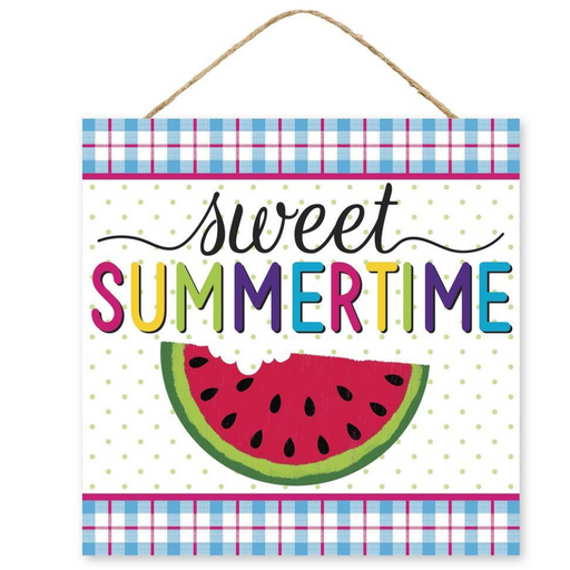 The 10 Sweet Summertime Sign AP7080 features a plaid border, vibrant sweet SUMMERTIME text, and a bitten watermelon slice on a dotted green background. Made from durable MDF, it’s perfect for adding seasonal cheer.