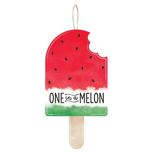 The 13.5Hx7L One In A Melon Popsicle Sign (AP7082) features a watermelon design with a bite missing from the top right, showcasing One in a Melon text. The background has watermelon colors: red with black seeds, transitioning to white and then green.