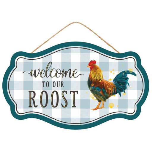 The 12.5L x 7.5H Welcome To Our Roost sign features a blue and white checkered background with a painted rooster, bordered in green with blue/teal/yellow/red accents, hanging elegantly by a rope, epitomizing the charm of Roost Country.