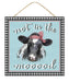 This 10 square MDF sign, Not In The Mood, SKU AP7138, features a cow with a red checkered bow on a light blue background. A playful white script reads not in the mooood, and a black and white checkered border adds to its quirky decor charm.