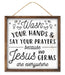 The 10Sq MDF Wash Hands/Say Prayers Sign (White/Black/Brown, AP7165) features Wash your hands & say your prayers because Jesus and germs are everywhere, with bubble accents and rustic twine for hanging—a faith-inspired decor piece.