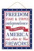 The 15.75H x 11.75L Freedom America Sign (AP8805) features Freedom, Stars & Stripes, Independence, Celebration, America in bold red, white, and blue on a white backdrop with a charming blue border adorned with white stars and red glitter accents.