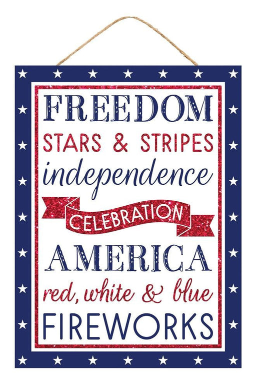 The 15.75H x 11.75L Freedom America Sign (AP8805) features Freedom, Stars & Stripes, Independence, Celebration, America in bold red, white, and blue on a white backdrop with a charming blue border adorned with white stars and red glitter accents.