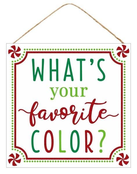 Introducing the 10" Square Glitter "What's Your Favorite Color?" Christmas Sign (AP8820). This festive MDF sign features eye-catching green and red text and is embellished with peppermint candy illustrations at each corner. It comes ready to hang with a convenient rope at the top.