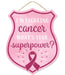The 12H X 9.5L Fighting Cancer Badge (Product Code: AP8917) is shield-shaped, featuring Im fighting cancer. Whats your superpower? in white and hot pink on pale pink MDF, adorned with a dark pink ribbon symbol at the bottom, elegantly hung by a thin brown string.