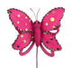 Add a playful touch to your décor with the 13 Hot Pink Polka Dot Butterfly Pick 63111BT—featuring glittery wings and black-and-white striped edges, shown against a white background.