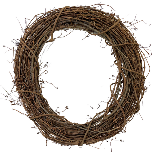 The 18 Natural Grapevine Wreath 7618-1, crafted from intertwined brown twigs and vines against a white background, is perfect for DIY crafts.