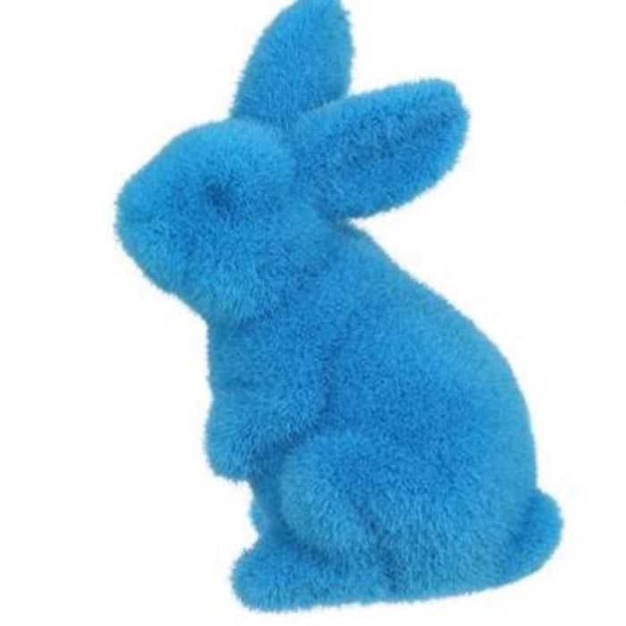 A vibrant turquoise flocked standing rabbit figurine, crafted from polystyrene to resemble soft fur, features tall upright ears against a plain white background.