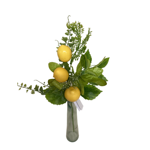 A tall, slender vase displays the elegance of a 15 Yellow Lemon Pick 62219, featuring vibrant green leaves and stems adorned with three bright yellow lemons.