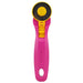 The 45mm Rotary Cutter MD051222 boasts a striking yellow and black circular blade, perfect for precise fabric cutting. Its handle features a convenient hanging hole and includes a safety lock mechanism for secure blade storage.