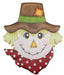 Illustration of a smiling 12H x 10L metal scarecrow face with straw hair, button eyes, a stitched nose and smile. It features a brown hat with a green band and patch and wears a red polka dot scarf.