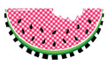 The 12L x 6.25H Emboss Gingham Watermelon sign (MD0710) features a stylized slice with a pink and white checkered picnic blanket pattern, black seeds, green rind with white edge, and a bite taken out of the top—perfect for adding charm to any decor.