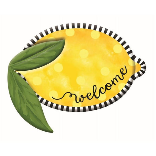 The 12 Embossed Welcome Lemon MD072129 features a vibrant lemon shape with two green leaves on the left. It has lighter yellow dots, black and white striped outlines, and welcome elegantly embossed in cursive across the center.