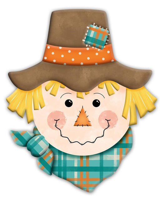 This 12H x 10L embossed scarecrow features a cheerful cartoon design with a smiling face, stitched mouth, rosy cheeks, and a triangular orange nose. It sports a brown hat with an orange polka-dotted band and patch, along with a plaid scarf—ideal for scarecrow decor.