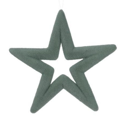 The 14"Lx14"H Flocked Open Star, made from polystyrene and nylon, captivates with its sage green tone. This plush star-shaped ornament gracefully hangs by a thin transparent string, showcasing smooth rounded edges and an open center that creates a charming hollow outline.