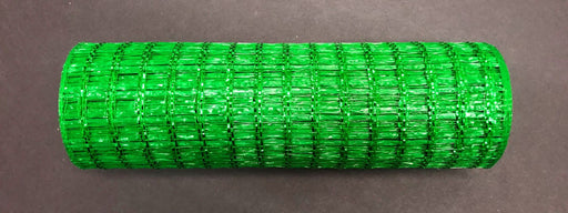 A tightly wound roll of Emerald Metallic Wide Weave Mesh, 10X10Y (XB104310-17), with a grid-like, wide weave pattern is placed horizontally on a dark, flat surface.