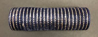 The Navy Fabric Mesh/Champ Stripes, 10X10Y Mesh (XB103410-27), features navy blue, gold, and silver stripes. Made from polyester, this decorative mesh ribbon has a shiny, textured appearance that beautifully catches the light as it rests on a flat surface.