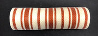 A 10x10Y Cream-Dark Orange Ticking Stripe Mesh (polypropylene, XB103710-47) is shown as a cylindrical white tube with evenly spaced dark orange stripes on a black background.