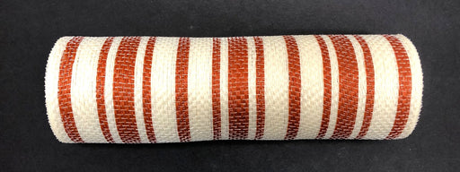 A 10x10Y Cream-Dark Orange Ticking Stripe Mesh (polypropylene, XB103710-47) is shown as a cylindrical white tube with evenly spaced dark orange stripes on a black background.