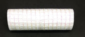 A White/Iridescent Metallic Wide Weave Mesh, 10X10Y, made of polyester with a textured finish, lies horizontally against a black background.
