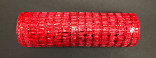 A rolled-up Red Metallic Wide Weave Mesh (10" X 10Y), set against a black background.