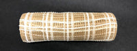 A roll of Natural Jute-Cream Fuzz Plaid Mesh, size 10X10Y (XB105210-14), features a cream plaid pattern and is displayed on a black surface.
