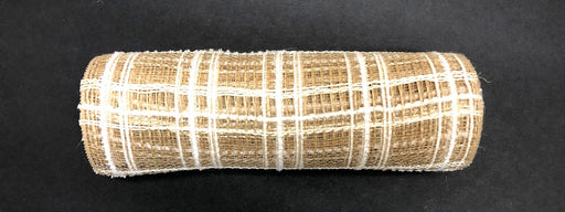 A roll of Natural Jute-Cream Fuzz Plaid Mesh, size 10X10Y (XB105210-14), features a cream plaid pattern and is displayed on a black surface.