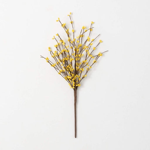 An 18 Pit Berry and Twig Pick PBTPX, featuring thin brown stems and small yellow plastic buds in a fan shape, is displayed on a plain white background.