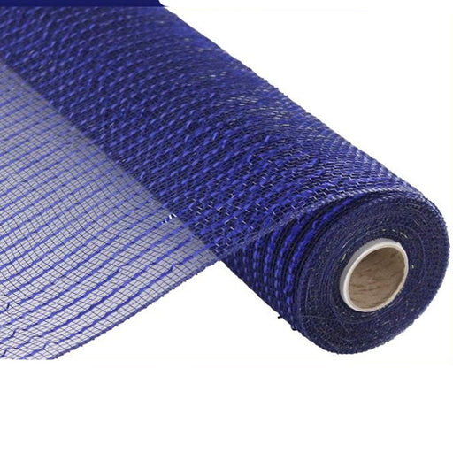 The 10 Navy with Royal Blue Wide Foil Deco Poly Mesh RE136657, partially unrolled, reveals its grid-like texture and elegant wrap around a cylindrical core, adding versatility to any creative project.
