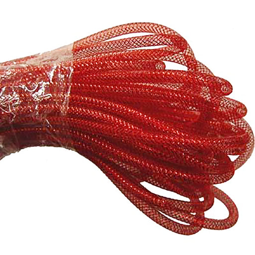 A coiled bundle of Red with Red Foil Deco Flex Tubing RE300436, sealed in plastic, displays its twisted strands and reflective texture, resembling exquisite holiday creations against a white background.