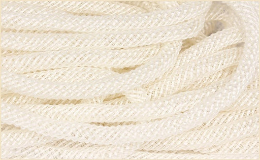 Close-up of the 8Mmx30Yd Faux Jute Flex Tubing in Cream, intricately coiled. The texture is soft and tightly woven, gently reflecting light. The cream polyester strands form interlocking patterns that add depth and detail.