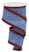 The 2.5X10Yd Royal Burlap Gingham Edge Blue Denim/Red/Black (RGA1099C6) is a partially unrolled blue fabric ribbon with red and black plaid edges and elegant gingham detailing.